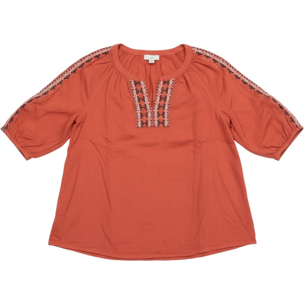 J. Jill Petite Small Burnt Orange Embroidered Split Neck Peasant Blouse Top